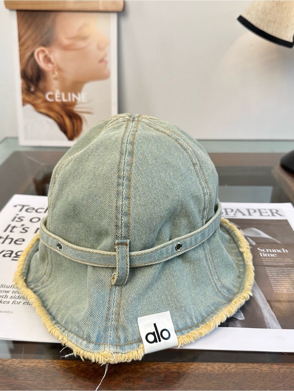 ALO Yoga Light Sage Denim Bucket Hat with Frayed Brim